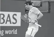  ?? MARK J. TERRILL AP ?? Jordan Thompson celebrates winning the first set against Stefanos Tsitsipas at Indian Wells.