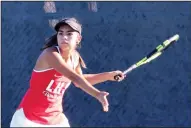  ?? MIKE BUSH/NEWS-SENTINEL ?? Lodi's Nikki Barajas, seen here playing on Oct. 16, teamed up with Johnna Schroeder to win the TCAL doubles title on Friday.