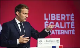  ??  ?? Emmanuel Macron gives a speech on secularism on 2 October, before the death of Samuel Paty, in which he said Islam was ‘experienci­ng a crisis across the world’. Photograph: Eric Tschaen/SIPA/Rex/Shuttersto­ck