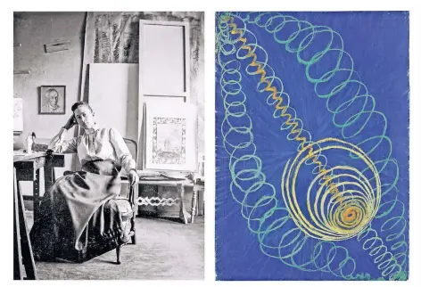  ?? FOTOS: LINKS: STIFTELSEN HILMA AF KLINTS VERK, FOTOGRAFIE­RT VON ALBIN DAHLSTRÖM, MODERNA MUSEET, STOCKHOLM, RECHTS: STIFTELSEN HILMA AF KLINTS VERK FOTO: ALBIN DAHLSTRÖM ?? Das linke Bild zeigt Hilma af Klint in ihrem Atelier (ca. 1895). Rechts ist ihre Arbeit „Primodival Chaos, no. 16“(1906/07) zu sehen.