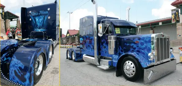  ??  ?? Below: Brad Garetson’s 2016 Peterbilt 389 and 2017 MAC Flatbed Conestoga take the top tractor-trailer prizeAbove right: Incredible paint and attention to detail propels Lil’ Ray and Susie Rodriquez’ 1999 Pete, Uno Mas, to top tractor winAbove left: e show-stopper features spectacula­r dragon images on cab, sleeper, guards and bonnet….and inside, on the  oor. Unos Mas is Spanish for “one more”