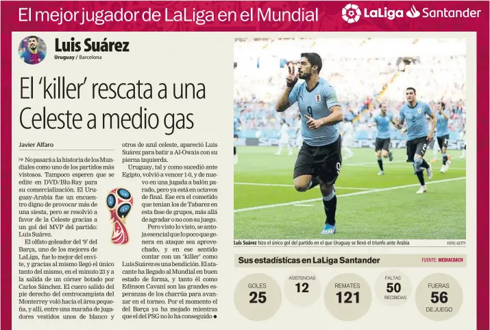  ?? FOTO: GETTY ?? Uruguay / Luis Suárez hizo el único gol del partido en el que Uruguay se llevó el triunfo ante Arabia MEDIACOACH