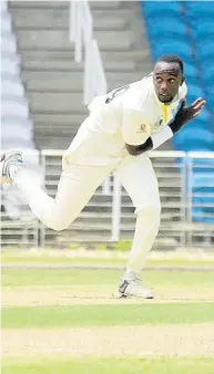  ?? LENNOX ALDRED ?? Jamaica Scorpions fast bowler Marquino Mindley in action against the Windward Island Volcanoes in the West Indies Four-Day Championsh­ip at the Brian Lara Cricket Academy in Tarouba, Trinidad, yesterday.