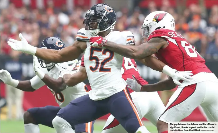  ?? RALPH FRESO/AP ?? The gap between the defense and the offense is significan­t, thanks in great part to the crucial contributi­ons from Khalil Mack.