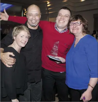  ??  ?? Paul McGrath pictured with award winners Thomas Connolly and Margaret Carr with Myra Merrick, Special Olympics Connacht.