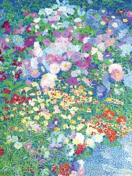  ??  ?? Colorati I fiori di Luigi Bonazza. «Giardino fiorito», olio su tela