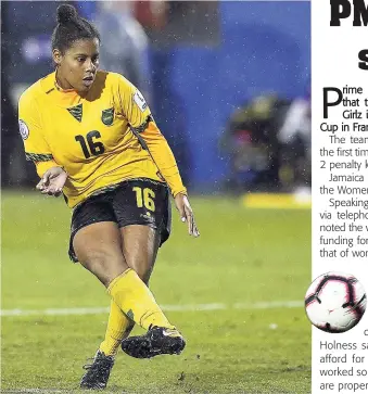  ??  ?? Jamaica defender Dominique Bond-Flasza takes the winning penalty kick to defeat Panama in the third-place match of the CONCACAF women’s World Cup qualifying tournament yesterday in Frisco, Texas, USA.