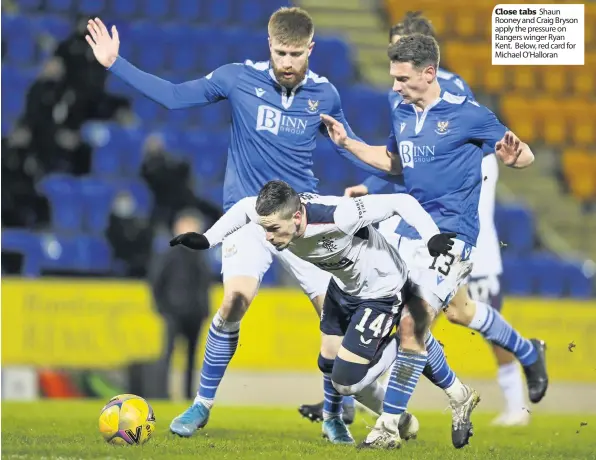  ??  ?? Close tabs Shaun Rooney and Craig Bryson apply the pressure on Rangers winger Ryan Kent. Below, red card for Michael O’Halloran