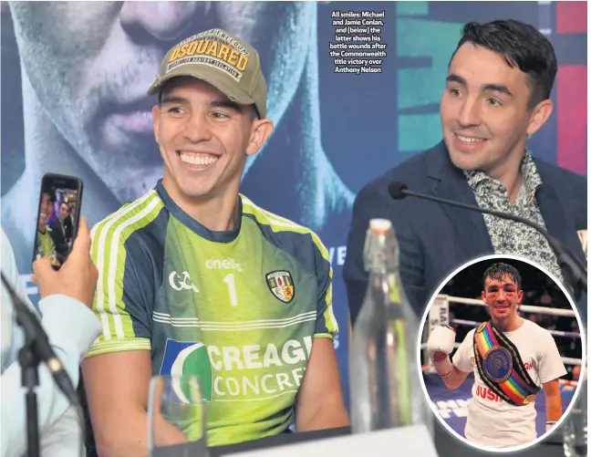  ??  ?? All smiles: Michael and Jamie Conlan, and (below) the latter shows his battle wounds after the Commonweal­th title victory over Anthony Nelson