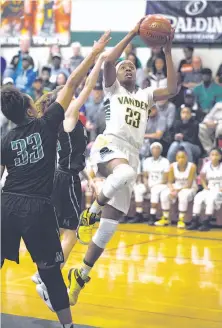  ?? D. Ross Cameron / Special to The Chronicle ?? Vanden’s Julia Blackshell-Fair drives to the basket against Miramonte in the Division 2 final, won 66-65 by Vanden.