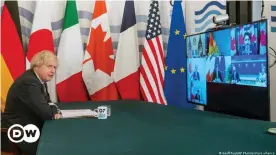  ??  ?? UK Prime Minister Boris Johnson steals a moment to look away during a virtual meeting of G7 world leaders