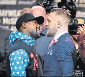  ?? FOTO: AP ?? Primer cara a cara, Mayweather y McGregor ya calientan la pelea del 26 de agosto