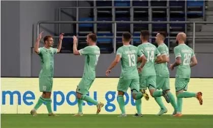  ?? ?? Belarus players in action during their Nations League game against Slovakia last September. Photograph: Marko Đurica/Reuters