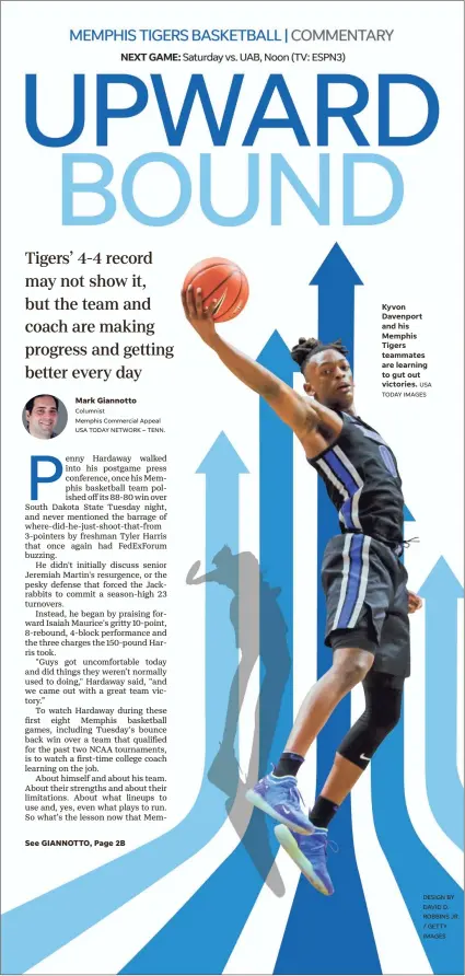  ?? Columnist Memphis Commercial Appeal USA TODAY NETWORK – TENN. USA TODAY IMAGES DESIGN BY DAVID D. ROBBINS JR. IMAGES ?? Kyvon Davenport and his Memphis Tigers teammates are learning to gut out victories. / GETTY