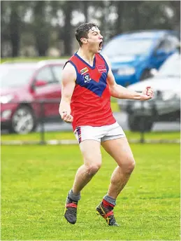  ?? ?? Reece Campbell celebrates as he kicks a Buln Buln goal in the second quarter at Yarragon on Saturday.