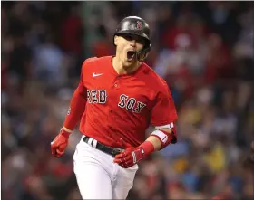  ?? NANCY LANE — BOSTON HERALD ?? Boston Red Sox’s Kiké Hernández reacts after his solo home run during the fifth inning of Game 3 of the ALDS at Fenway Park on Oct. 10, 2021 in Boston.
