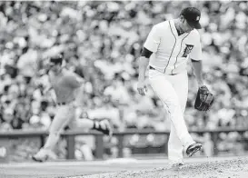  ?? Duane Burleson / Associated Press ?? Tigers pitcher Anibal Sanchez kicks the mound as the Astros’ Preston Tucker rounds the bases after hitting a three-run homer in the sixth inning. Tucker also had a pinch home run against the Tigers on Thursday.