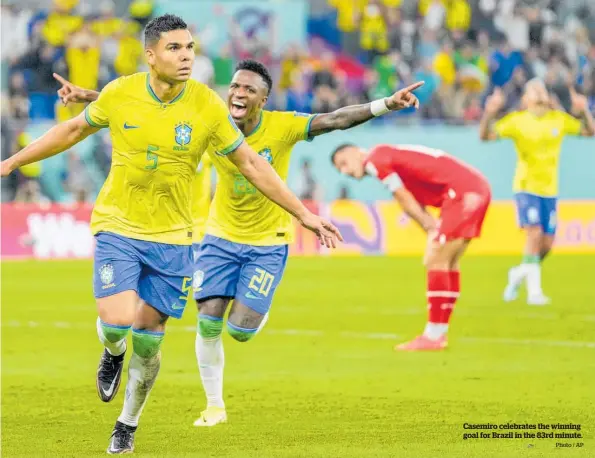  ?? Photo / AP ?? Casemiro celebrates the winning goal for Brazil in the 83rd minute.