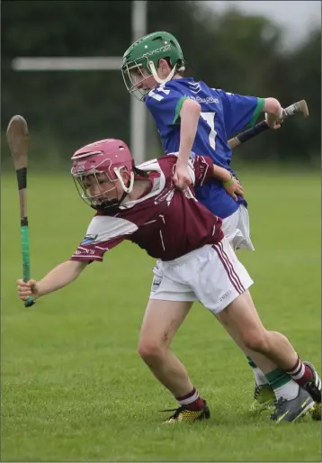  ??  ?? Callum McDonald of Barntown has a firm grip on Piercestow­n’s Eoin Sinnott.