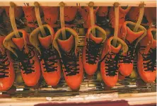  ??  ?? Skates for rent are lined up for cleaning in the Church of 8 Wheels’ new ultraviole­t sterilizat­ion system.