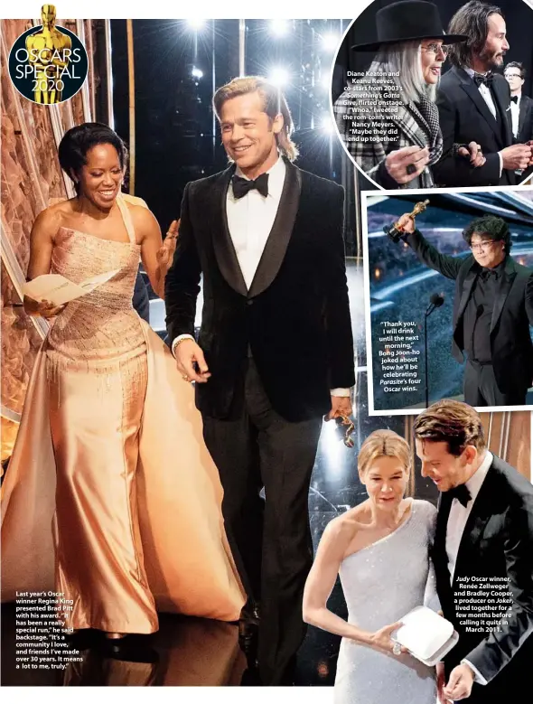  ??  ?? Last year’s Oscar winner Regina King presented Brad Pitt with his award. “It has been a really special run,” he said backstage. “It’s a community I love, and friends I’ve made over 30 years. It means a lot to me, truly.”