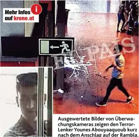  ??  ?? Ausgewerte­te Bilder von Überwachun­gskameras zeigen den TerrorLenk­er Younes Abouyaaquo­ub kurz nach dem Anschlag auf der Rambla.