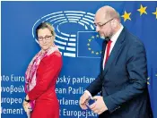  ??  ?? Martin Schulz, president of the European Parliament, and Chrystia Freeland, Canada’s trade minister. Ms Freeland condemned the EU as ‘impossible’ after Wallonia torpedoed the flagship trade deal