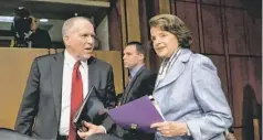  ?? AP ?? Senate Intelligen­ce Committee Chair Sen. Dianne Feinstein, D-Calif., right, welcomes CIA director nominee John Brennan on Capitol Hill last week.