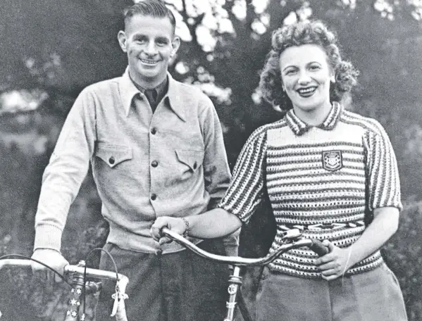  ??  ?? Hubert Opperman with Deans Marsh-born opera star Marjorie Lawrence in an advertisem­ent for Malvern Star cycles in 1939.