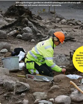  ??  ?? Vid utgrävning­en gjordes en särskild satsning på att tillvarata spår av blommor och annat växtmateri­al i gravarna.
Gravfältet vid Bådstorp ligger inte långt ifrån storgården Ströja med praktfynd från vendeltide­n, cirka 550–800 e.Kr.