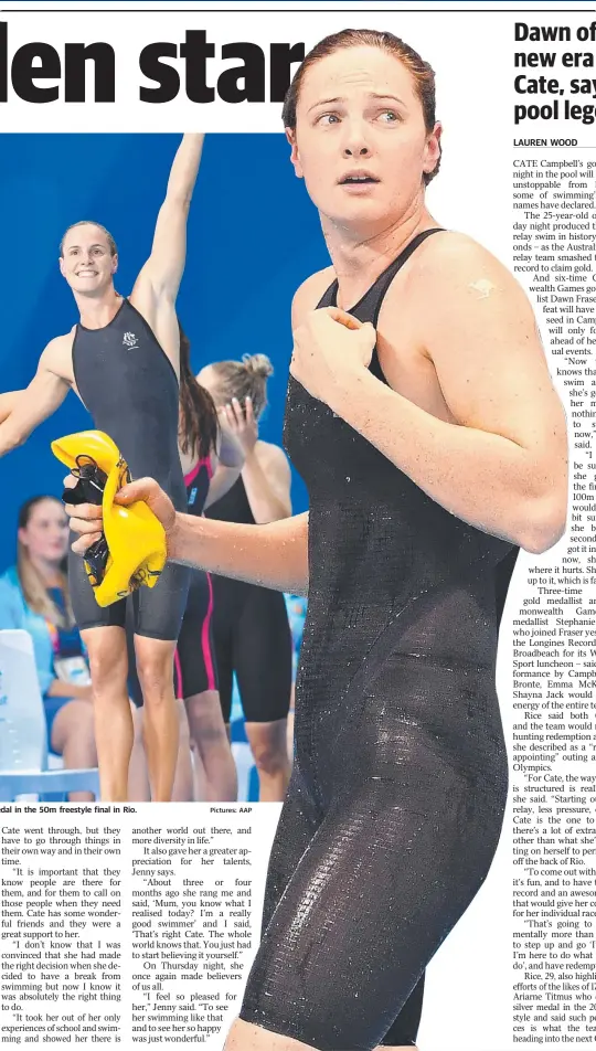  ?? Pictures: AAP ?? and, right, Cate after missing a medal in the 50m freestyle final in Rio.