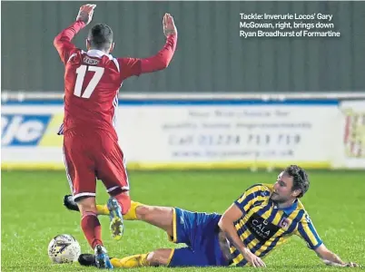  ??  ?? Tackle: Inverurie Locos’ Gary McGowan, right, brings down Ryan Broadhurst of Formartine