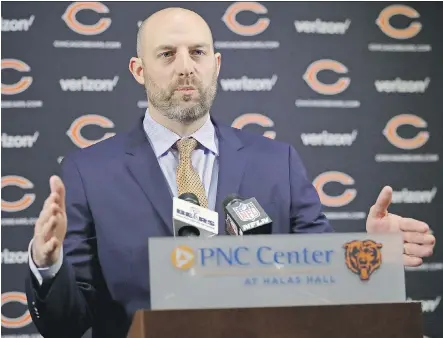  ?? JONATHAN DANIEL/GETTY IMAGES ?? Former Kansas City Chiefs offensive co-ordinator and new Chicago Bears head coach Matt Nagy speaks at an introducto­ry news conference on Tuesday in Lake Forest, Ill., where he took the blame for poor play-calling in the Chiefs’ playoff loss on Saturday.