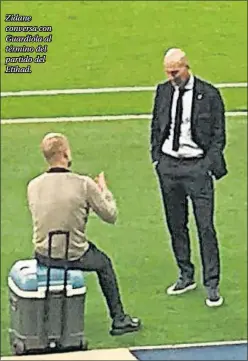  ??  ?? Zidane conversa con Guardiola al término del partido del Etihad.