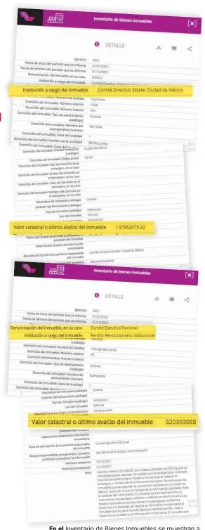  ?? ?? En el Inventario de Bienes Inmuebles se muestran a detalle las propiedade­s de los institutos políticos