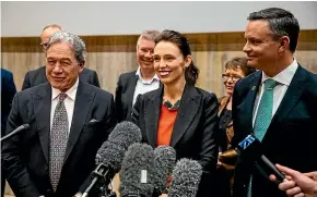  ??  ?? Deputy Prime Minister Winston Peters, Prime Minister Jacinda Ardern and Green Party leader James Shaw stand in “unity”. ABIGAIL DOUGHERTY/STUFF