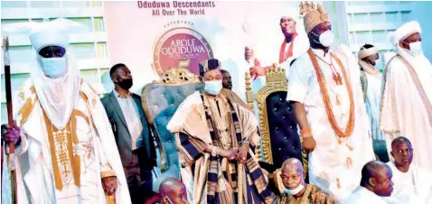  ?? PHOTO: NAJEEM RAHEEM ?? Emir of Kano, Alhaji Aminu Ado Bayero ( left); Alaafin of Oyo, Oba Lamidi Adeyemi; Ooni of Ife, Oba Enitan Ogunwusi and Sultan of Sokoto, Alhaji Muhammadu Sa’ad Abubakar 111 at the 5th coronation anniversar­y lecture of the Ooni in Ibadan… yesterday