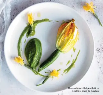  ??  ?? Floare de zucchini umplută cu ricotta și piure de zucchini