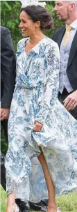  ??  ?? Meghan wears a floral wrap dress from the classic fashion house for a society wedding OSCAR DE LA RENTA: