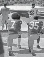  ?? TNS ?? San Francisco 49ers quarterbac­k Colin Kaepernick (left) and safety Eric Reid kneel during the playing of the national anthem last season at Bank of America Stadium in Charlotte, N.C.