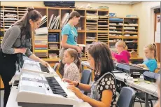  ??  ?? Keyboard and fiddle tutor Anna Garvin and Tarbert Academy pupil Morven Paisley. Also, Ailsa Johnson, Codi MacDougall, Lexie Munro and Daisy Brown.