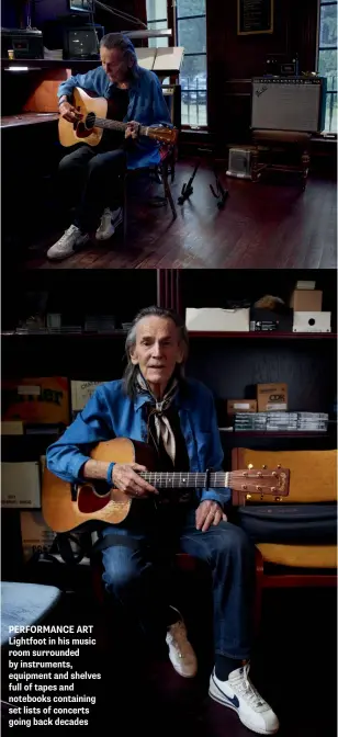  ??  ?? PERFORMANC­E ART Lightfoot in his music room surrounded by instrument­s, equipment and shelves full of tapes and notebooks containing set lists of concerts going back decades