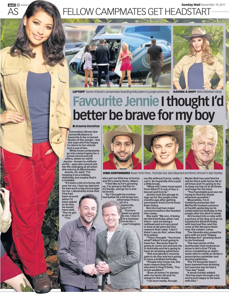  ??  ?? LIFTOFF Some of Kezia’s campmates boarding helicopter­s to jungle yesterday KING CONTENDERS HAVING A SHOT WAG Rebekah Vardy Boxer Amir Khan, YouTube star Jack Maynard and Boris Johnson’s dad Stanley