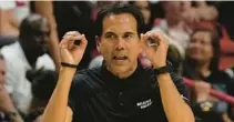  ?? MARTA LAVANDIER/AP ?? Did Erik Spoelstra offer a hint of the Miami Heat’s tighter playoff rotation with his approach Tuesday night in Detroit? Maybe.