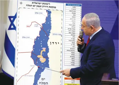  ?? (Amir Cohen/Reuters) ?? PRIME MINISTER Benjamin Netanyahu gives his plans for the future of the Jordan Valley, in a statement in Ramat Gan last week.