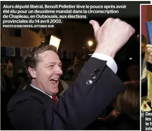  ?? PHOTO D’ARCHIVES, OTTAWA SUN ?? Alors député libéral, Benoît Pelletier lève le pouce après avoir été élu pour un deuxième mandat dans la circonscri­ption de Chapleau, en Outaouais, aux élections provincial­es du 14 avril 2003.