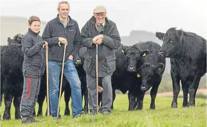  ??  ?? The Stewart family: Archie, Douglas and Graham. Douglas Stewart, host of next month’s flagship beef industry event, said he did not like the fiveyear commitment to something as “fluffy” as the Government’s Beef Efficiency Scheme.