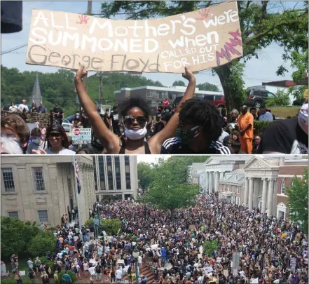  ?? JEN SAMUEL — MEDIANEWS GROUP ?? Above: A woman holds up a sign in remembranc­e of George Floyd in the City of Coatesvill­e during a peaceful march and rally on Thursday. Below: Thousands of people unite in West Chester on Thursday at twilight for a peaceful demonstrat­ion in support of equality and the Black Lives Matter movement for criminal justice reform.