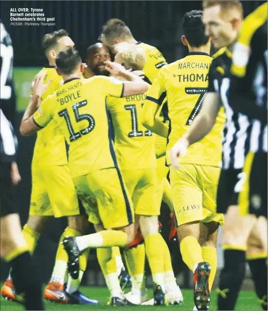  ?? PICTURE: PSI/Antony Thompson ?? ALL OVER: Tyrone Barnett celebrates Cheltenham’s third goal