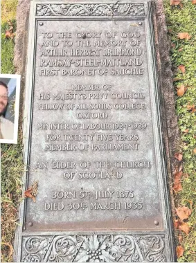  ??  ?? Grave story Memorial in St Ninians new cemetery to multi-talented Drummond Ramsay-Steel-Maitland